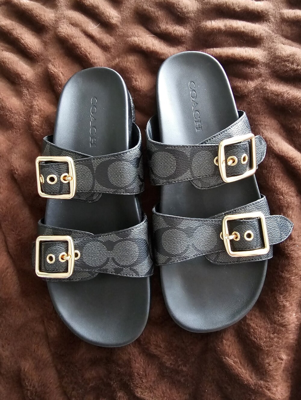 Coach Black Monogram Double-Buckle Slide Sandals with Gold Buckles. Size 8.5